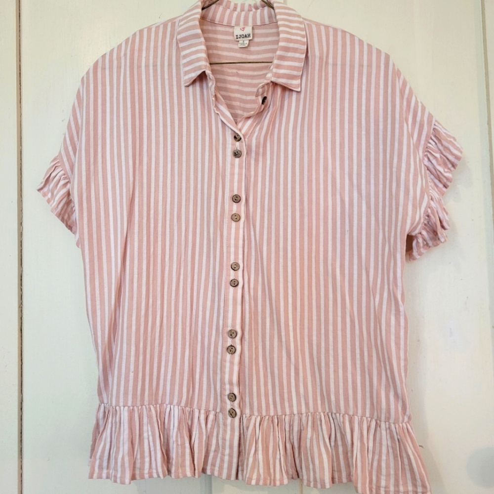 Ruffle short sleeved pink and white stripped button down